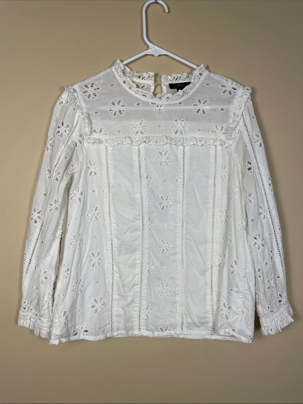 J. Crew Women’s Boho Cottagecore Eyelet Lace Ruffle White Long Sleeve Blouse